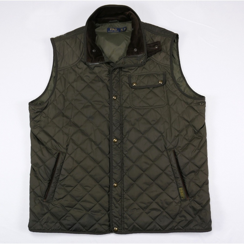 Polo Ralph Lauren Mens Olive Green Diamond Quilted Vest Corduroy Collar 2XLT